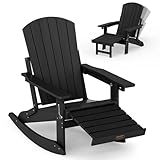 SUUNYN Adirondack Rocking Chair with Retractable Ottoman, 4-in-1 Foldable Reclining Patio Chair, HDPE Wood-Look Outdoor Rocker for Porch, Garden & Poolside, Black
