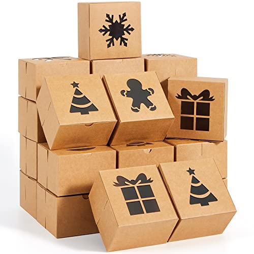 JOYIN 24 PCS Brown Bakery Boxes with Window, 4"x 4"x 2.5" Small Kraft Cookie Boxes for Christmas Cupcakes, Cookies, Brownies, Donuts, Truffles Gift-Giving