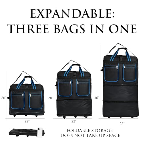 Generic (Pack of 2) 36"" Duffle Bag Expandable Rolling Lightweight Wheeled Spinner Suitcase Luggage for Travel and Storage, Blue with Trim, Wheelbag362