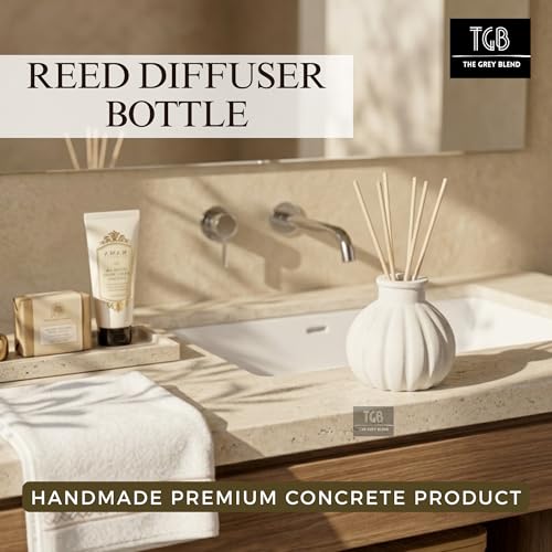 Image of Reed Diffuser Bottle with 5 Reed Sticks | Decorative Concrete Reed Diffuser Vase for Fragrance Oil | Bathroom, Living Room & Table Decor | Empty Reusable Diffuser Bottle (7.5cmx7.5cm)