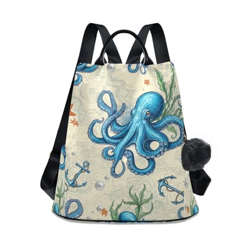 Sac à dos vintage bleu pieuvre pour femme avec un pompon élégant