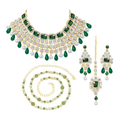 Image of Peora Crystal Choker Necklace with Maang Tikka Earrings Indian Traditional Bridal Wedding Jewellery Set for Women