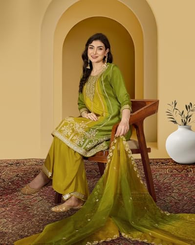 Image of Amazon Brand - Tavasya Women Poly Chinon Zari Sequence Cording Embroidered Regular Fit Kurta Set | Salwar Suit