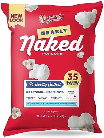 Popcornopolis Nearly Naked Gourmet Popcorn, Popped Popcorn Snack Bags, 4.5 Ounce (Pack of 8)