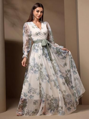 Image of TOLEEN Summer Casual Dresses for Women 2024 Spring Fashion Boho V Neck Long Sleeve Ruffle Floral Print Elegant Maxi Dress