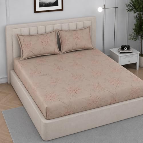 Image of 350 TC Premium Heavy Cotton Feel Elastic Fitted Bedsheet Queen Size with 2 Pillow Covers || Double Bed with All Around Elastic (Petal Pulse, Fitted - 72 inchx78 inch King)
