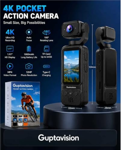 Image of Pocket Action Camera 4K Recording Handheld 1.97 Inch Screen HD Vlog for Cycling Sports and Action Camera (Multicolor, 12 MP)