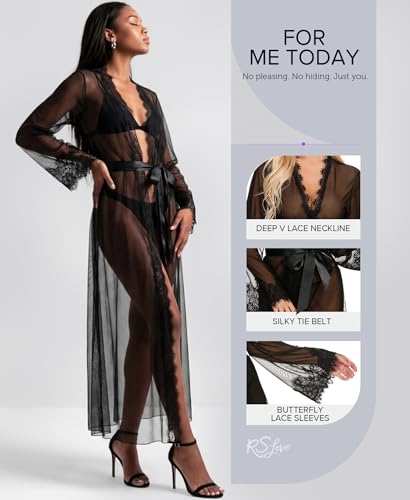Image of RSLOVE Lingerie for Women Sexy Long Lace Kimono Robe Mesh Chemise Lace Gown Swimsuit Cover Up