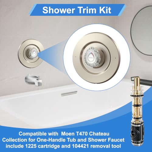 Image of Satin Nickel Shower Trim Kit, Compatible with Moen T470 Chateau Shower Trim Kit With Replacement Cartridge, and 104421 Removal Tool, Escutcheon, Tubes, Shower handle and Screws