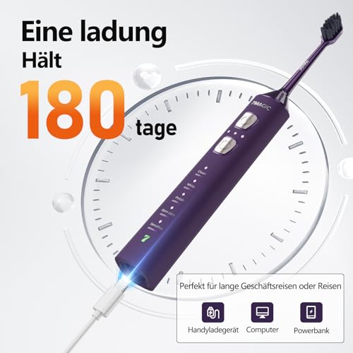 Elektrische Zahnbürste, Schallzahnbürste, Zahnbürste Mit 180 Tagen Akkulaufzeit Und Timer, 3 Intensitäten, 5 Modi, 40000 VPM, IPX7, lila