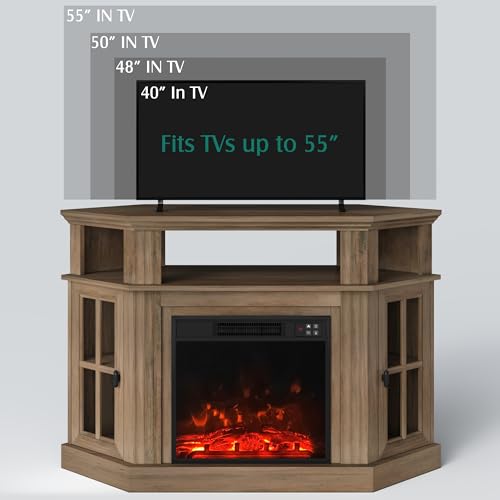 Image of YESHOMY Corner Fireplace TV Stand for Television up to 55 inch with Storage Cabinets, Entertainment Center, Media Console for Living Room, Bedroom, Brown