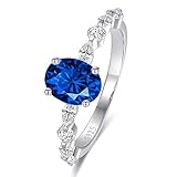 Bonlavie Silver Ring for Women, 925 Sterling silver Solitaire Oval Cut Cubic Zirconia/Green Emerald/Blue Sapphire ring, Rhodium Plated Bridal Engagement Wedding Band, Size J 1/2