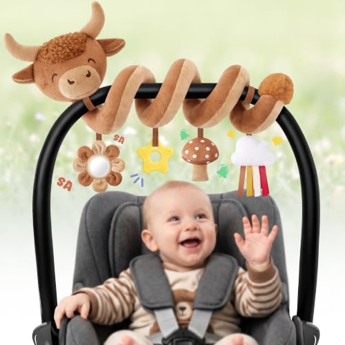 Image of Stuffed Highland Cow Spiral Car Seat Toys for Babies 0-3-6-12 Months, Infant Stroller Toy with Mushroom Pendant & Star Teether Hanging, Cute Baby Registry Search & Shower Gifts for Newborns