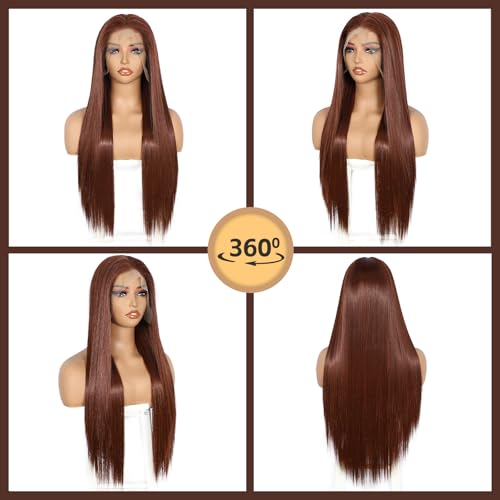Sapphirewigs 13x6 Straight Lace Front Wigs Reddish Brown Long Straight Wig for Women Lace Front Synthetic Hair 150% Density Party Daily Wear Heat Resistant 26inch - Image 4
