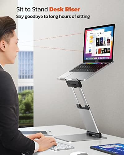 Sit to Stand Laptop Stand, Promote Healthy Posture, Ergonomic Standing Computer Stand, Tall Height Adjustable Laptop Riser, Reduce Neck Pain Compatible with Macbook Air Pro, All Laptops 10-17"-Silver