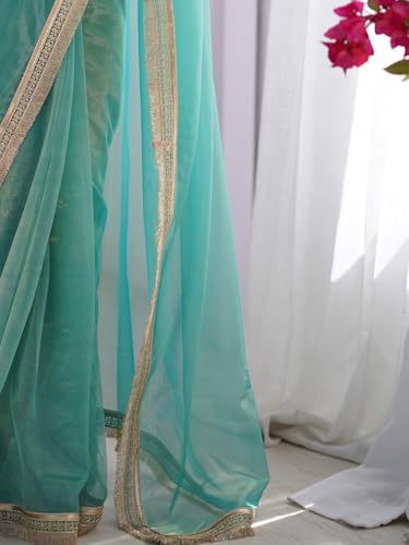 Image of AKHILAM Women's Shimmer Net Solid Saree With Unstitched Blouse Piece