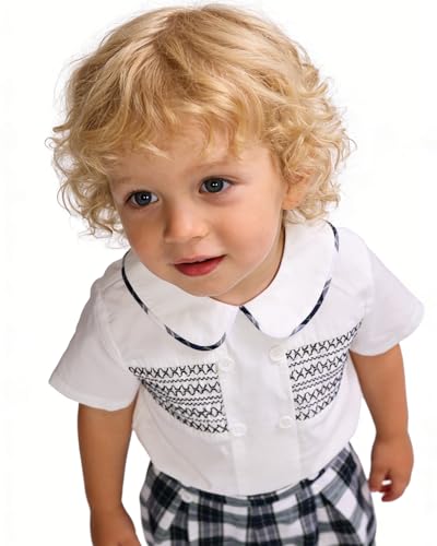 Image of Twoflower Smocked toddler boy outfits Summer Cotton Short Sleeve boys' button-down shirts Casual 2 piece Clothing Set