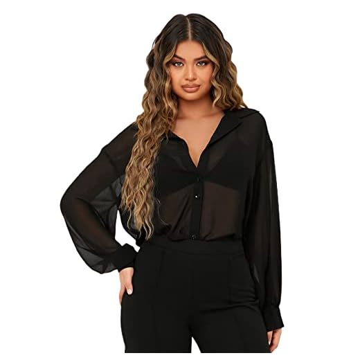 Verdusa Women's Button Front Long Sleeve Drop Shoulder Sheer Mesh Blouse Shirt Top Black M