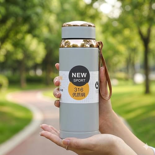 Image of 1000ml Stainless Steel Insulated Vacuum Flask Water Bottle with Rose Gold Lid, Leak Proof Large Capacity Sports Bottle with Strap & Handle for Travel, Gym, Office, Hot & Cold Drinks (Grey)