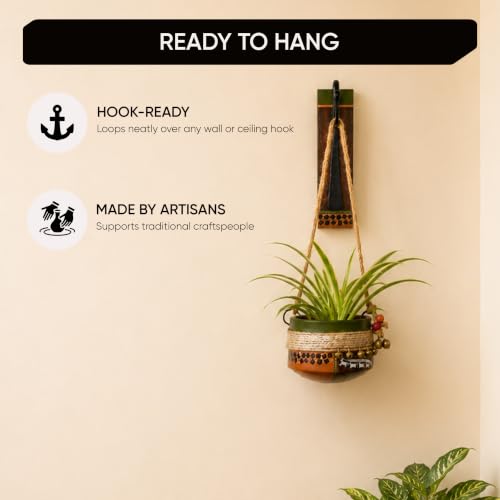 Image of AAKRITI ART CREATIONS Wall Hanging Planter with Hook | Jute Embellished Earthen Planter on Classic Wall Hook, Modern Art, Matte Finish | Metal, Terracotta & Wood