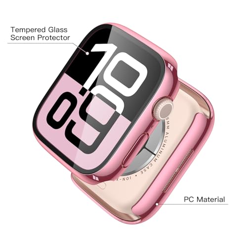 Image of Misxi 2 Pack Tempered Glass Case Compatible for Apple Watch Series 11 (2025) Series 10 42mm, Hard PC Screen Protector Overall Protection Scratch-Resistant Cover for iWatch, 1 Rose Pink + 1 Transparent