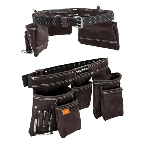 WrightFits 9 Pocket Leather Apron Tool Belt – Heavy Duty Double-Stitched Tool Pouch with Multi Pockets, Adjustable Waist Work Storage Organiser with Hammer Loop for Electricians & Carpenters