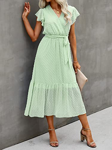 Image of BTFBM Women Summer Bohemian Floral Casual Wrap V Neck Ruffle Cap Sleeveless Belt A-Line Pleated Hem Midi Sun Dress White