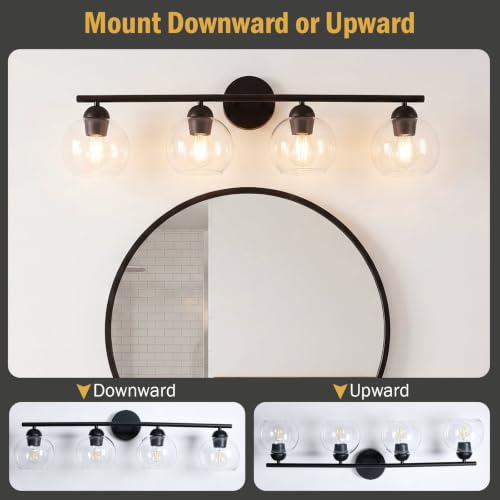 Image of 4 Light Bathroom Vanity Light, Black Vanity Light with Globe Glass Shades, Farmhouse Bathroom Light Fixtures Over Mirror, Modern Wall Light Fixture for Bedroom Hallway, E26 Socket