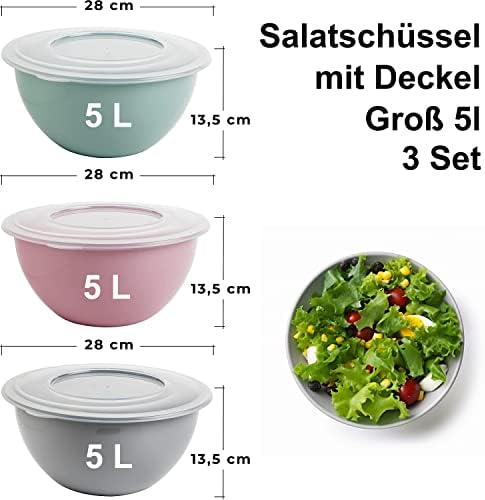 Miska z pokrywką 5 l, miska do sałatki, miska do mieszania, tworzywo sztuczne (PP), nie zawiera BPA, kolor: jasnoszary, pastelowy różowy i pastelowy zielony, przezroczysta pokrywka 5 litrów, Ø 28 cm, wysokość 13,5