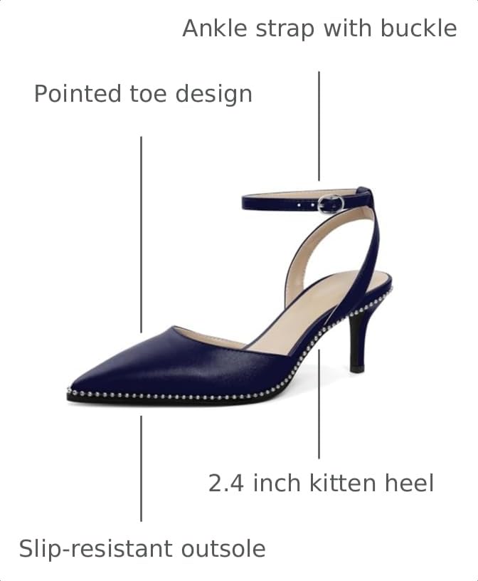 Image of SAMMITOP Kitten Heels for Women Low Heel Closed Toe Ankle Strap Pumps Wedding Party Beaded Dress Shoes 2.4 Inch