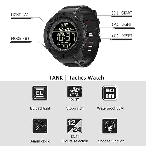 Image of NORTH EDGE Men's Watches Military Watches for Men Carbon Fiber Waterproof for Men Date Display Nylon Army Tactical Sports Minimalist, Black, 50, outdoor