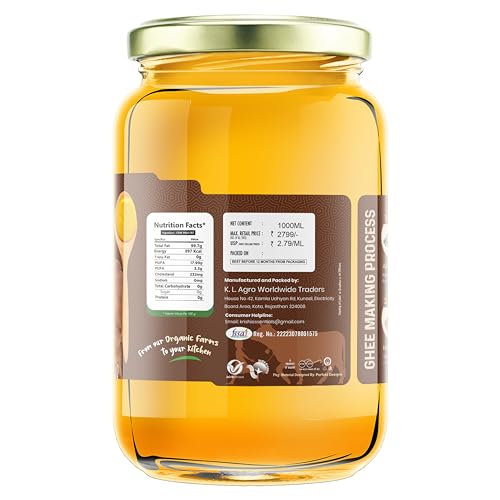 A2 Gir Cow Desi Ghee - 1 L | A2 Gir Cow Desi Ghee | Traditional Bilona Ghee | Hand-Churned Curd | 100% Organic & Grass-fed | Rich in Vitamins & Antioxidants | Glass Jar