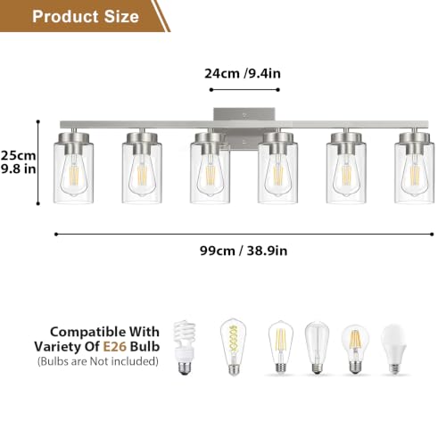 Image of IZORRO Bathroom Light Fixtures, Modern Vanity Lights, Bathroom Lighting Fixtures Over Mirror with Clear Glass Shade, Wall Sconce for Living Room Cabinet Bedroom (Brushed Nickel, 6-Light)