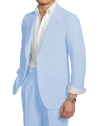 2 Piece Seersucker Men's Suit Slim Fit Sear Sucker 2 Button Striped Casul Lightweight for Beach Wedding Summer