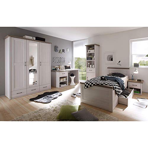 Stella Trading Stella Trading Eleganter Kleiderschrank im Landhausstil 3-türig - Vielseitiger Drehtürenschrank mit Spiegeltür in Pinie weiß / trüffel - 148 x 201 x 62 cm (B/H/T)