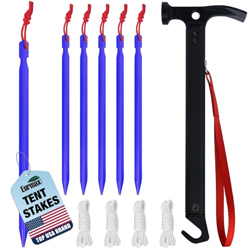 Image of Eurmax USA Hiking Camping Tent Stakes and Hammer Set Lightweight Multi-Function Tent Hammer with Tent Stake Remover,Tent Pegs for Camping, Hiking, Backpacking, Gardening(Blue Stakes)