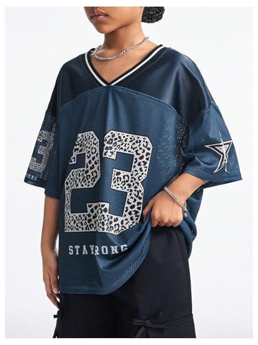 Image of Floerns Girl's Jersey Shirt Printed Oversized Short Sleeve Mesh Tee Shirts V Neck Sport Jersey Shirts