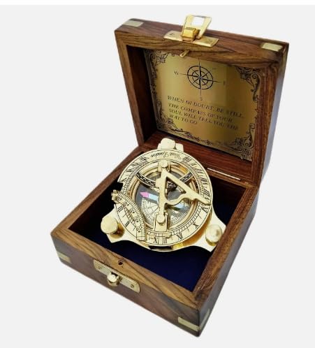 Brújula de reloj de sol de latón con caja de madera – Regalo náutico coleccionable miniatura 2