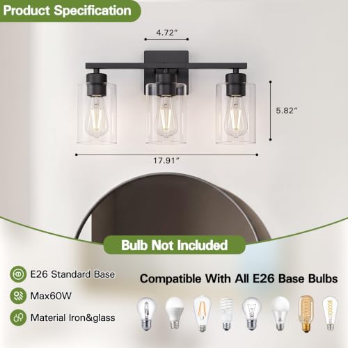 Image of Matte Black Bathroom Vanity Light, 3-Light Vanity Lighting fixtures Over Mirror, Round Design & UL Certification, Wall Sconces with Clear Glass Shades, E26 Socket (Bulbs Not Included)