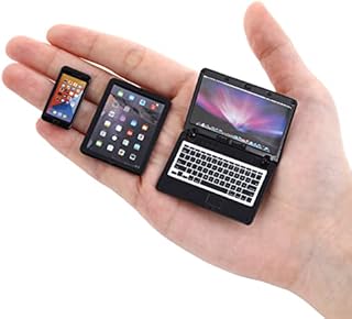 cobee 1:12 Mini Laptop Set,3pcs/set Mini Metal Laptop Tablet Smartphone Scene Simulation Accessories Dolls House Furniture Doll Accessories Play Set (Black)