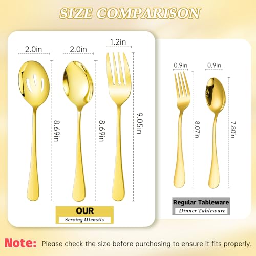 Mwellewm 14Pc Serving Utensils,Gold Stainless Steel Serving Spoons for Buffet,Fork,Tongs,Slotted Spoon,Cake Pie Server,Soup Spoon,Metal Silverware Banquet Cutlery Set for Parties Entertaining Catering by mwellewm - Image 3
