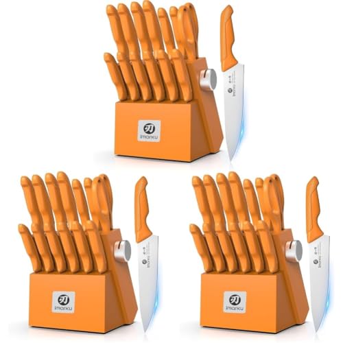 Image of imarku Knife Set, Sharp Block Knife Set with Built-in Sharpener, Japanese Stainless Steel with Non-Slip Ergonomic Handle, Dishwasher Safe, Kitchen Gift for Man Woman, Best For Home gift, Burnt Orange