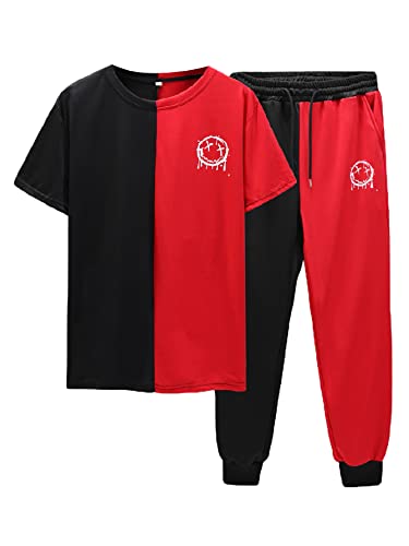 Oyoangle Men's 2 Piece Tracksuit Colorblock Graphic Print Short Sleeve Crewneck T Shirt And Drawstring Waist Pants Set Multicolor M #TOP10