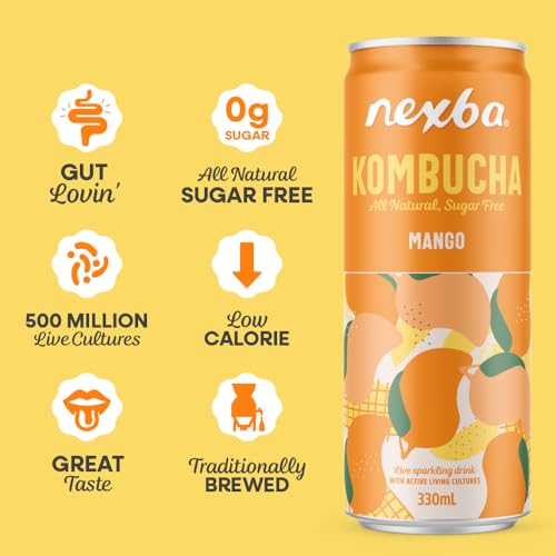 Nexba Mango Kombucha 330 ml Slim Cans (Pack of 12) – All Natural, Sugar Free & Healthy Tropical Probiotic Drink