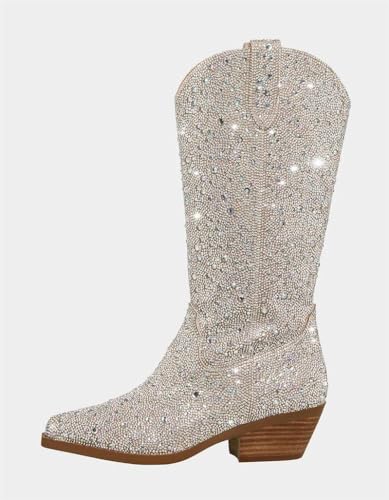 Locerich Women Rhinestone Cowgirl Boots Cowboy Mid Calf Boots Sparkly Glitter Boots Shoes Bling Pointed Toe Chunky Heel 2In Side Zippers Pull On thumb #1