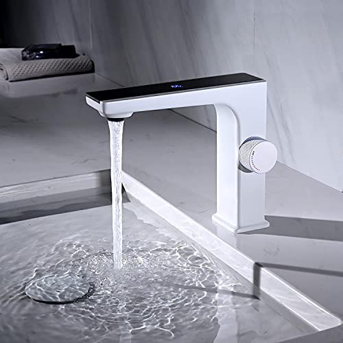Mitigeur lavabo blanc monotrou avec écran LED et robinet en laiton