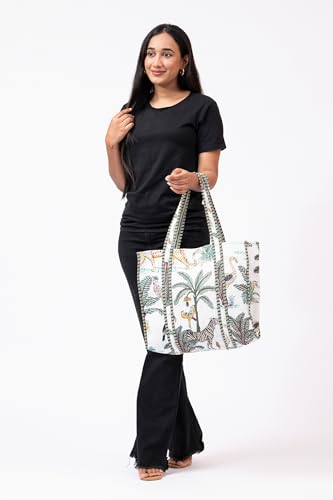Bolso tote acolchado grande de tela de algodón para viaje, compras y fines de semana con bolsillo interior - Tema safari tropical miniatura 3