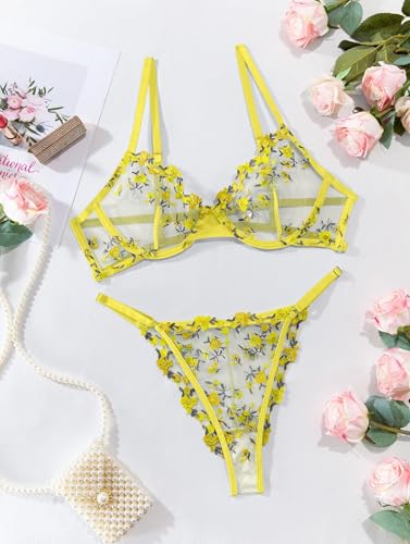 Image of Lilosy Sexy Floral Embroidered Mesh Sheer Underwire Lingerie Set