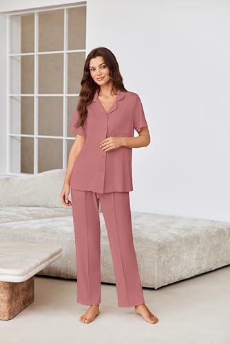 Image of Ekouaer Pajamas for Women Set Button Up Short Sleeve Pjs Sets With Pockets | Soft Womens Sleepwear,V Neck,Notch Collar,2 Piece Classic Loungewear With Long Pant for Sleep,Lounge,Fall