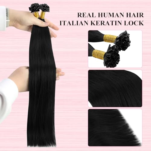 Image of YoungSee U tip Hair Extensions Black U Tip Hair Extensions Human Hair Jet Black 16 Inch Keratin Tip Extension Real Human Hair Silky Smooth Texture 1g /s 50s /50g for School